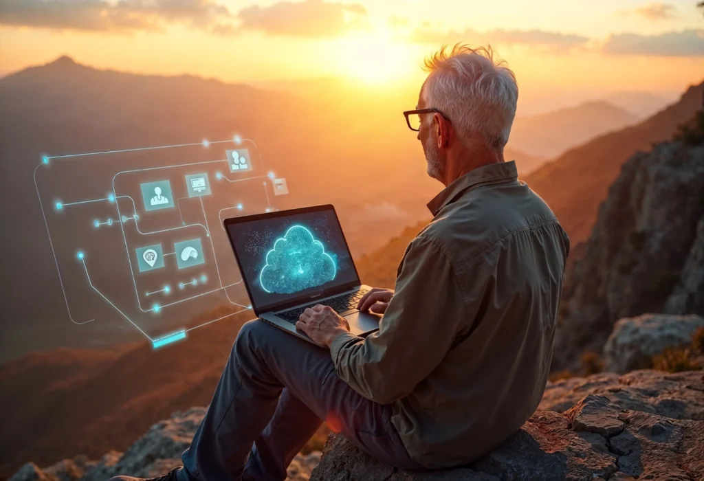 Business professional using cloud-based HR system on laptop outdoors with futuristic interface
