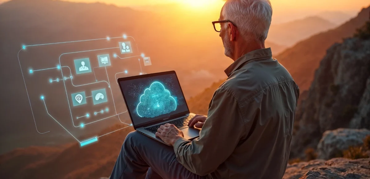 Business professional using cloud-based HR system on laptop outdoors with futuristic interface