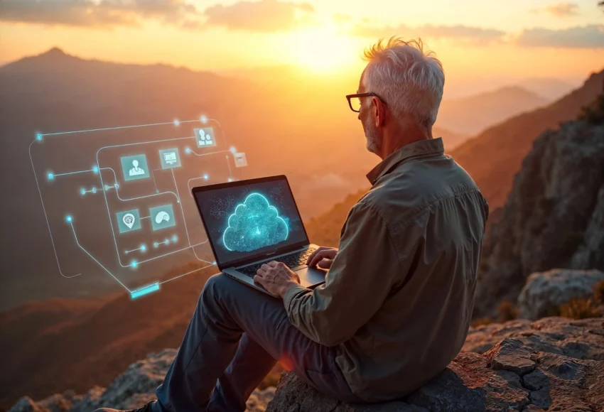 Business professional using cloud-based HR system on laptop outdoors with futuristic interface