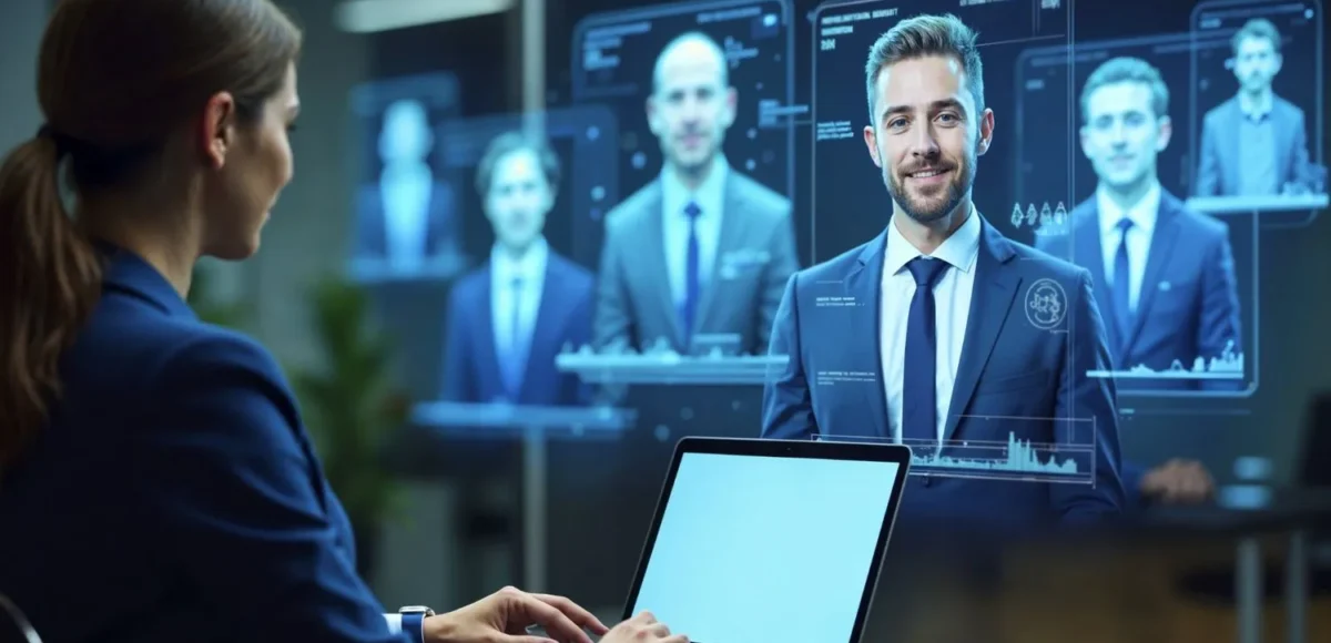 AI-powered HR software interface displaying virtual recruitment dashboard with candidate profiles and analytics