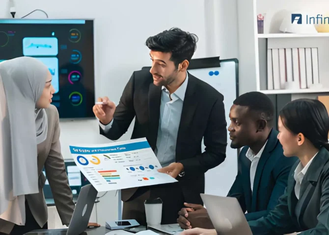 HR team discussing workforce analytics and compliance reports using HR software in a UAE office environment.