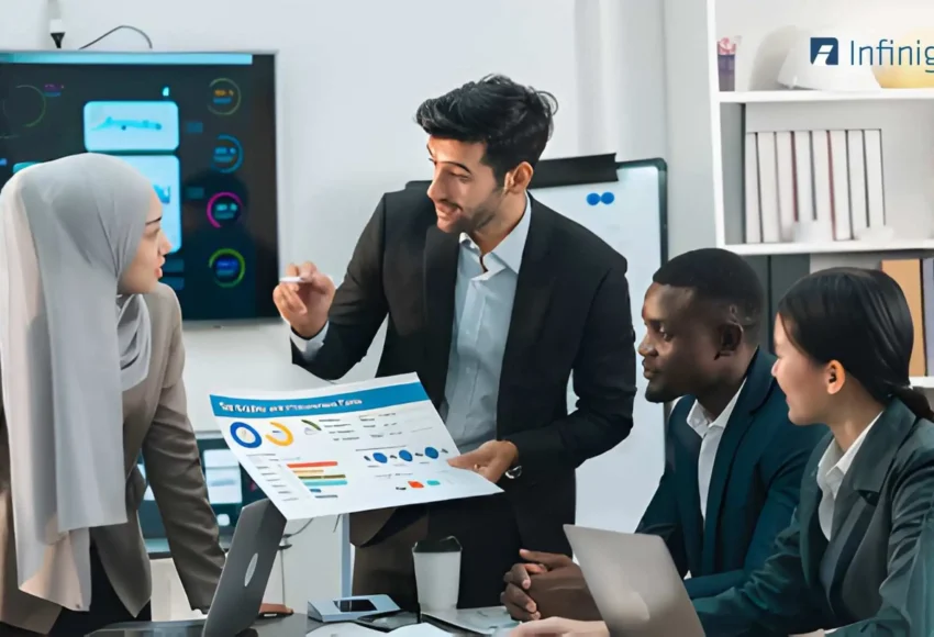 HR team discussing workforce analytics and compliance reports using HR software in a UAE office environment.