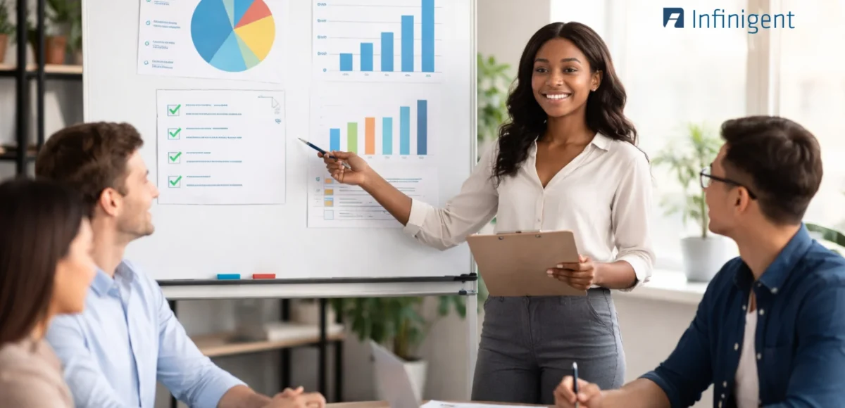 Diverse business team in a modern office discussing performance management, manager presenting charts and analytics during team meeting, employee performance tracking, workplace collaboration, corporate strategy planning, HR performance management system concept