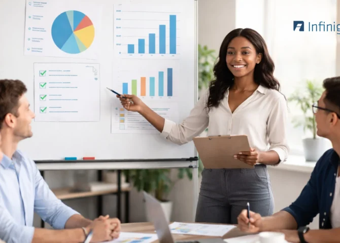 Diverse business team in a modern office discussing performance management, manager presenting charts and analytics during team meeting, employee performance tracking, workplace collaboration, corporate strategy planning, HR performance management system concept