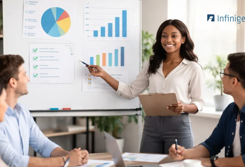 Diverse business team in a modern office discussing performance management, manager presenting charts and analytics during team meeting, employee performance tracking, workplace collaboration, corporate strategy planning, HR performance management system concept