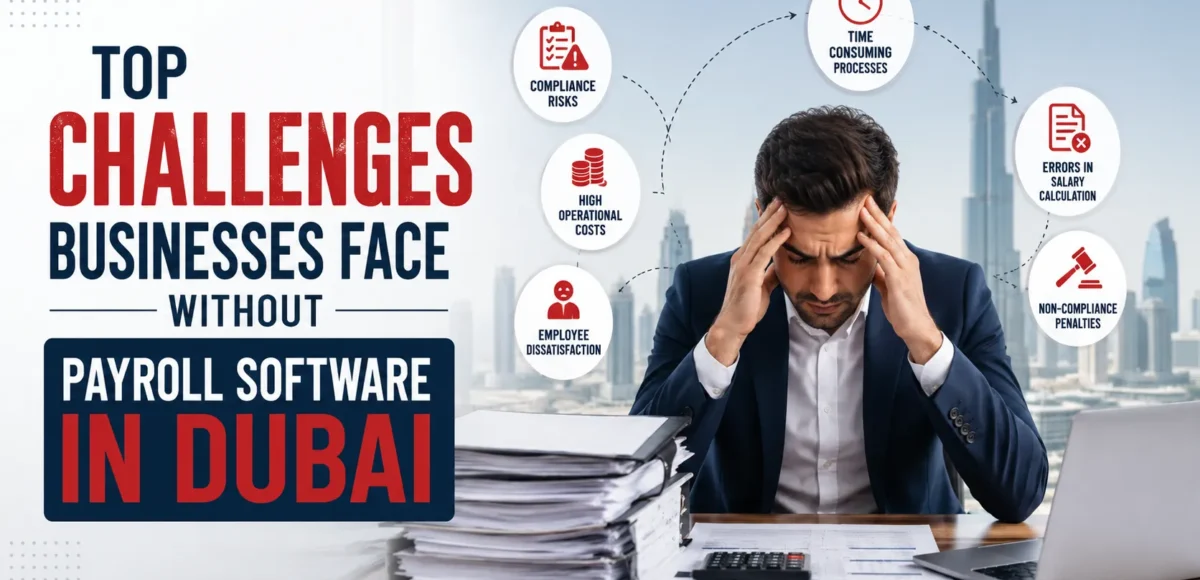 Stressed businessman managing manual payroll in a Dubai office with paperwork, compliance icons, and the Burj Khalifa background, highlighting payroll software challenges for businesses.