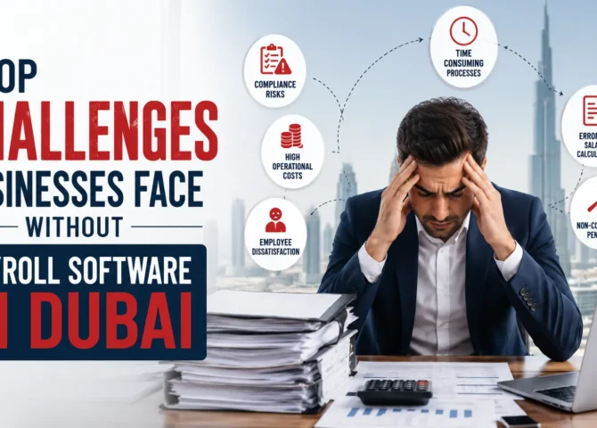 Stressed businessman managing manual payroll in a Dubai office with paperwork, compliance icons, and the Burj Khalifa background, highlighting payroll software challenges for businesses.