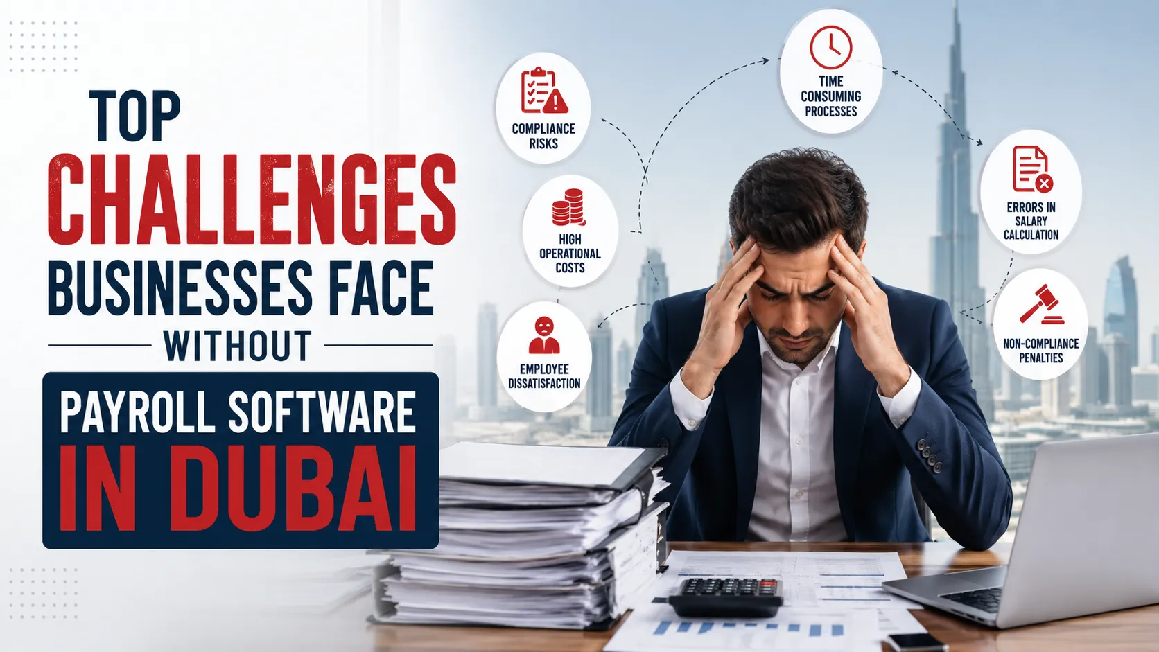Stressed businessman managing manual payroll in a Dubai office with paperwork, compliance icons, and the Burj Khalifa background, highlighting payroll software challenges for businesses. 