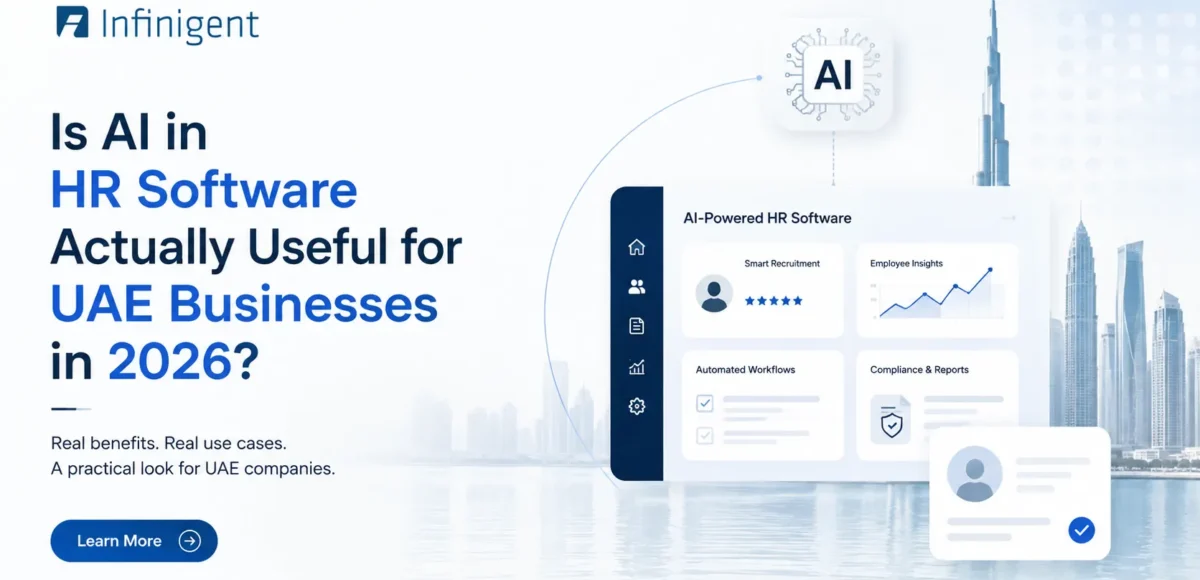 AI-powered HR software dashboard with UAE skyline, illustrating AI automation, recruitment, employee insights, and compliance for UAE businesses in 2026.