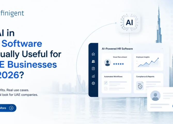 AI-powered HR software dashboard with UAE skyline, illustrating AI automation, recruitment, employee insights, and compliance for UAE businesses in 2026.