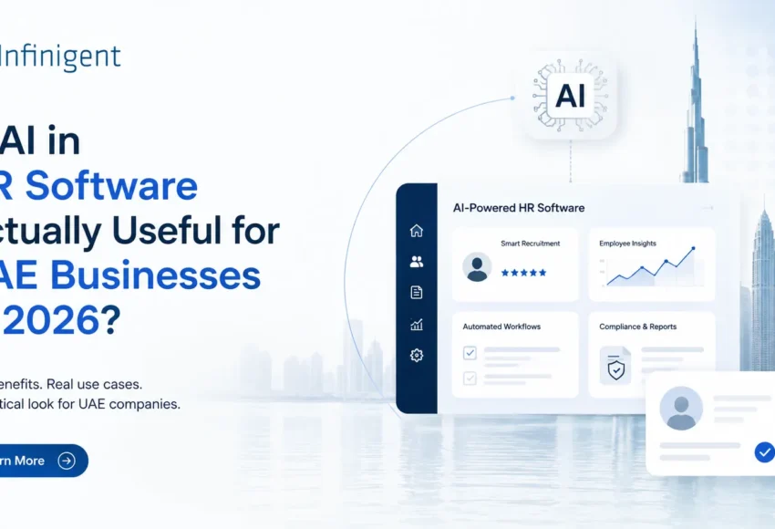 AI-powered HR software dashboard with UAE skyline, illustrating AI automation, recruitment, employee insights, and compliance for UAE businesses in 2026.