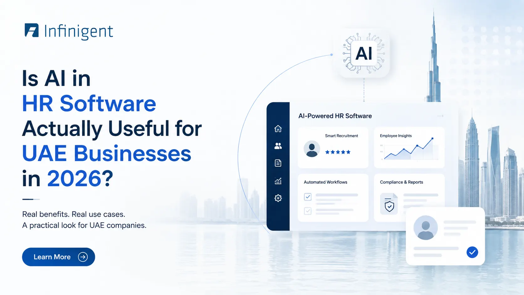 AI-powered HR software dashboard with UAE skyline, illustrating AI automation, recruitment, employee insights, and compliance for UAE businesses in 2026.