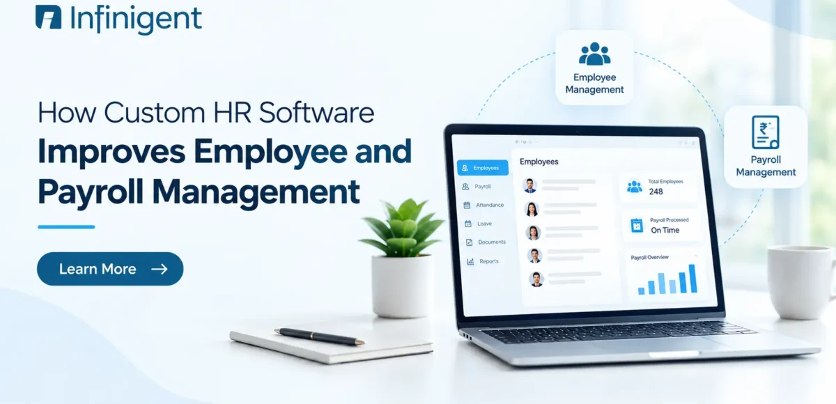 Custom HR software for employee and payroll management featuring Infinigent’s HR dashboard, employee records, attendance tracking, and payroll analytics.